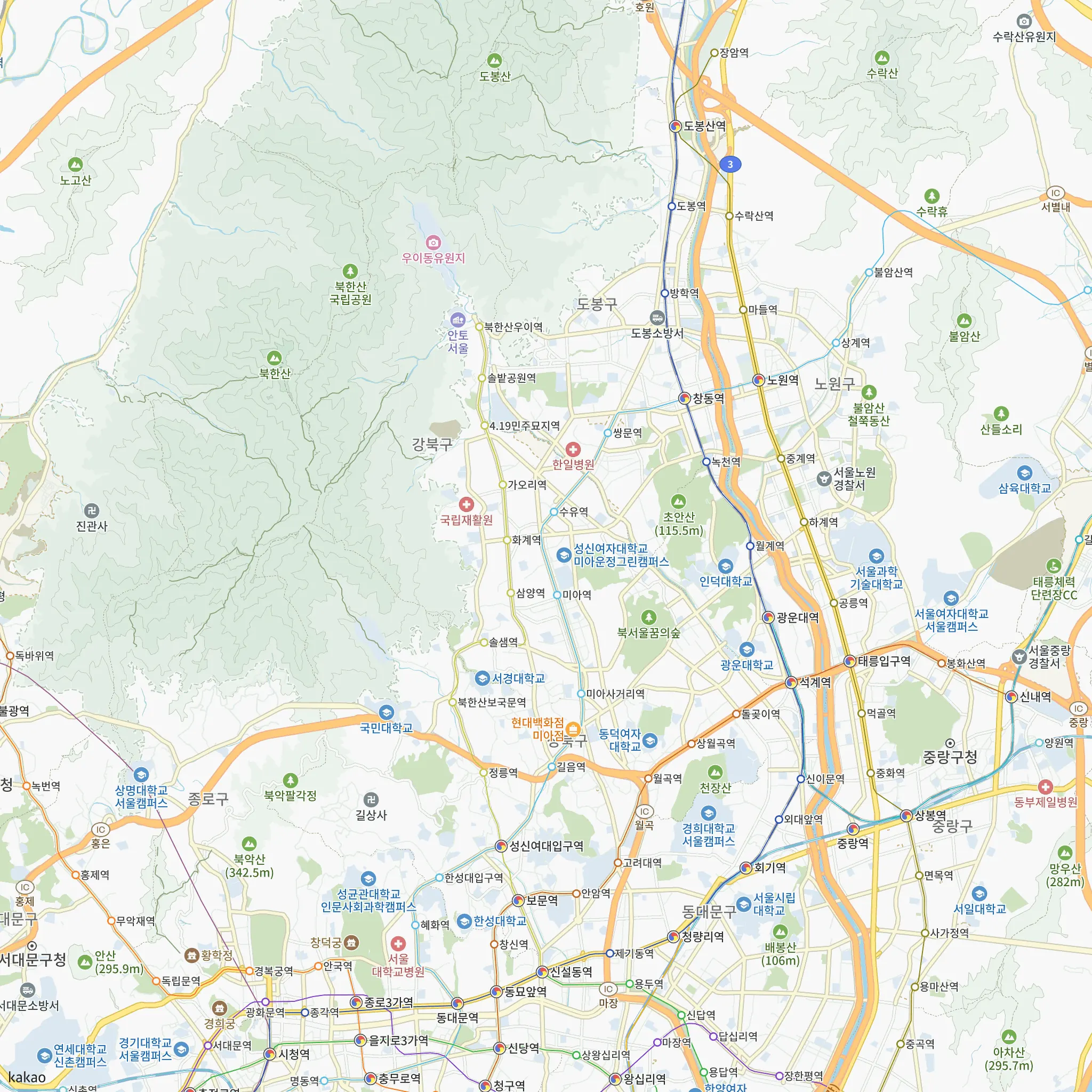 강북구와 인접 지역 지도에 표시한 더 리치먼드 미아(3차) 위치