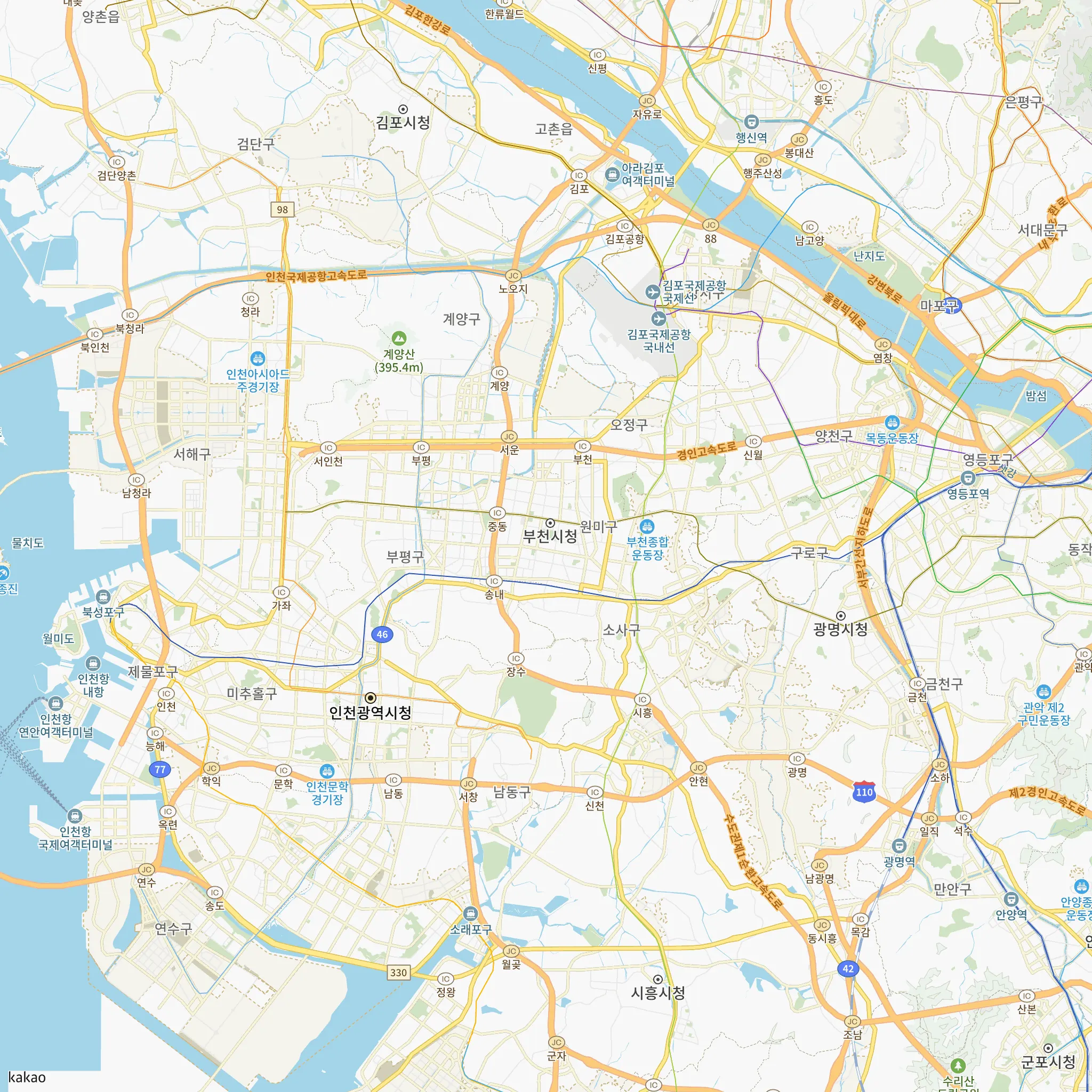 부천시와 인접 지역 지도에 표시한 중동역 다채로움 더원 위치