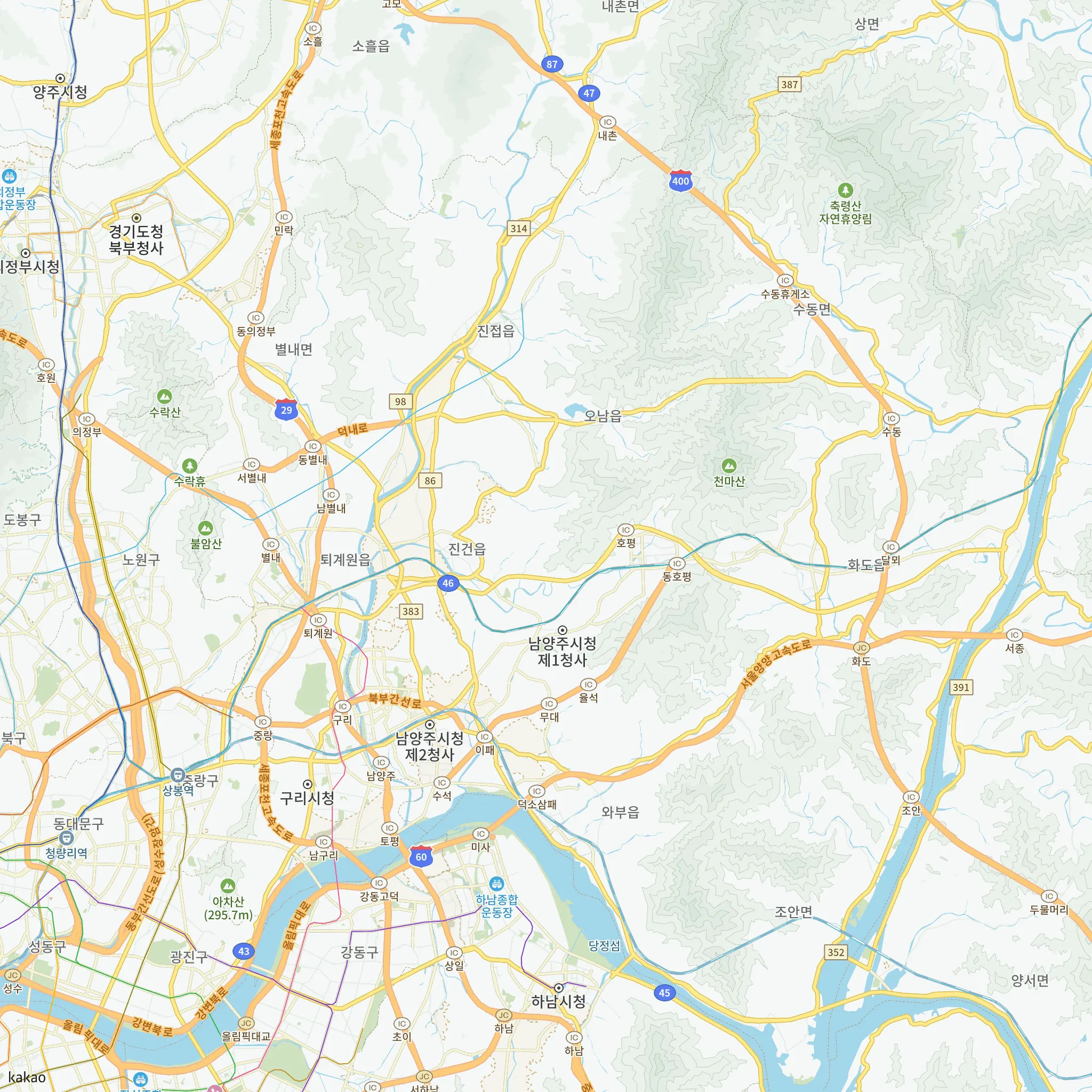 남양주시와 인접 지역 지도에 표시한 오남역 서희스타힐스 여의재 3단지 (조합원 취소분) 위치
